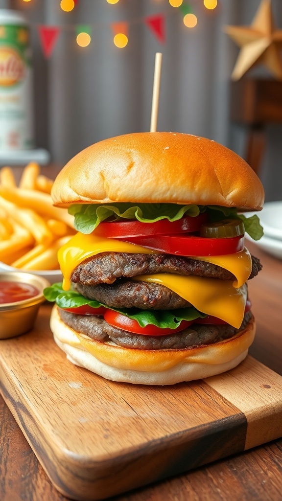 A delicious hamburger with beef patty, cheese, lettuce, and tomato on a wooden board with fries and ketchup.